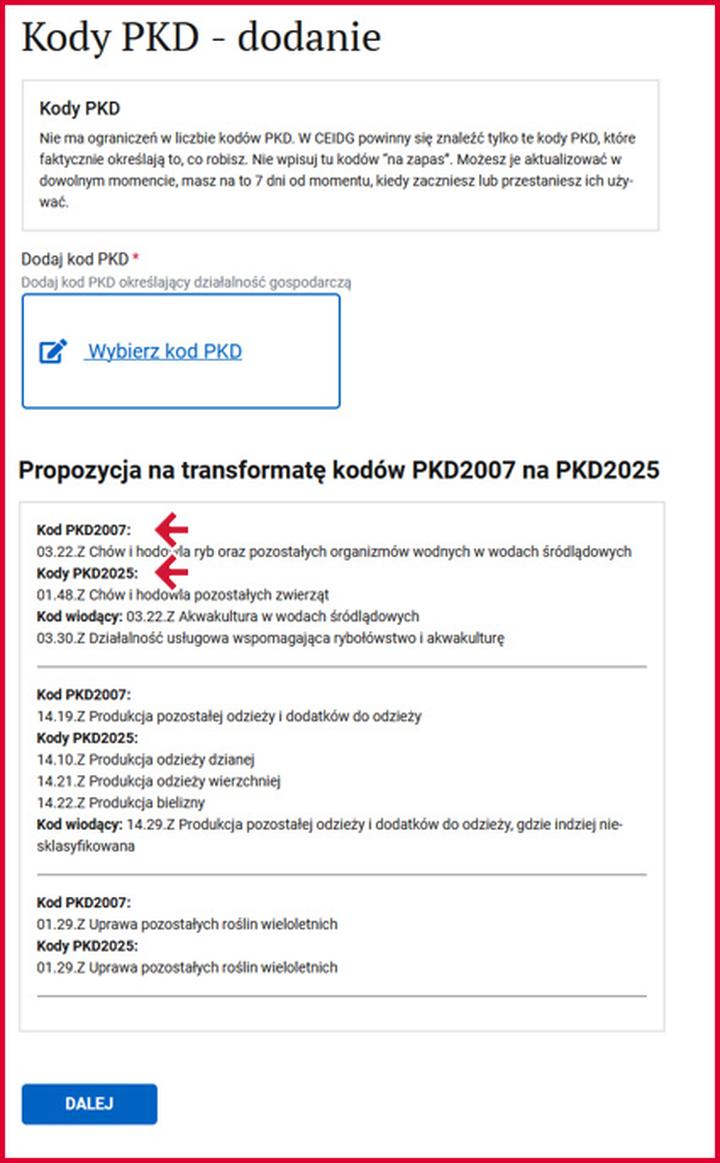 Wyszukiwanie kodu PKD